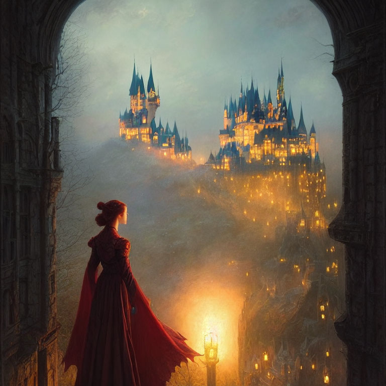 Woman in Red Dress Overlooking Fantasy Castle with Lantern