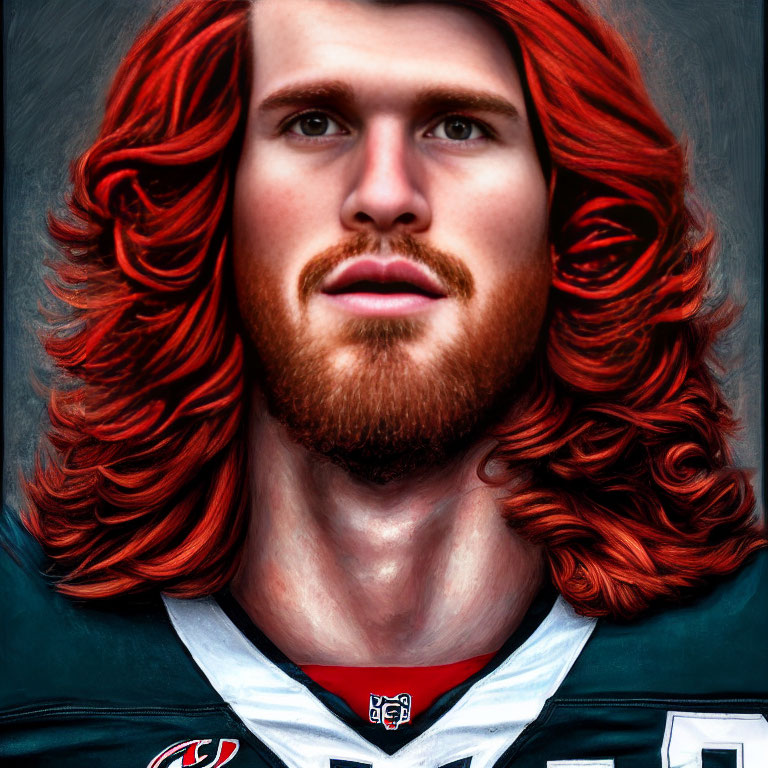 Realistic digital art: man with flowing red hair and beard in football jersey