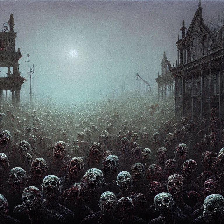 Eerie eyeless figures in dense crowd under moonlit sky