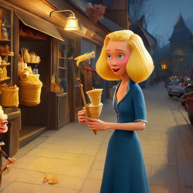 Blond-Haired Woman with Broom in Twilight Village Street