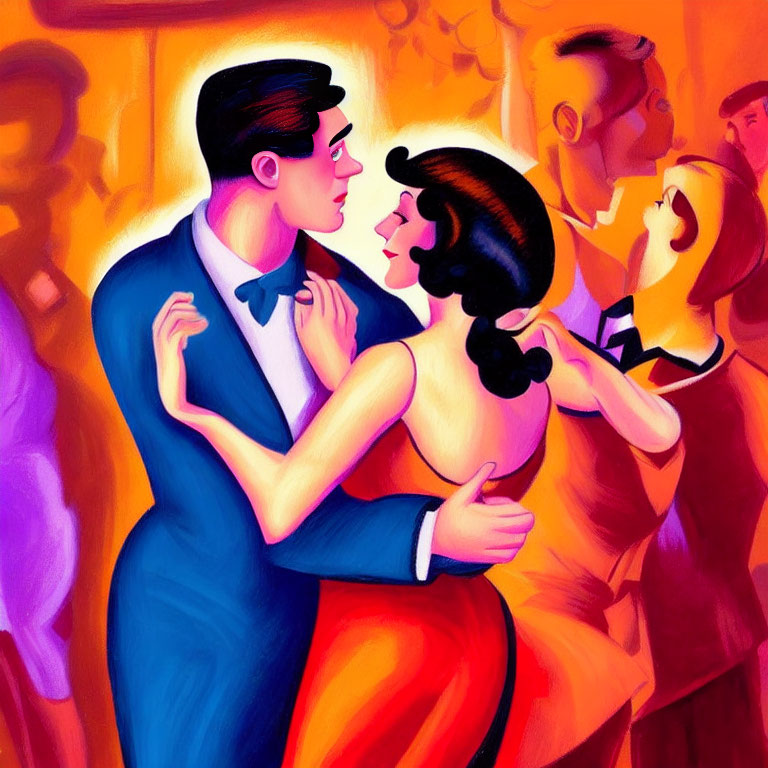 Colorful illustration of couple dancing in formal attire among other dancers