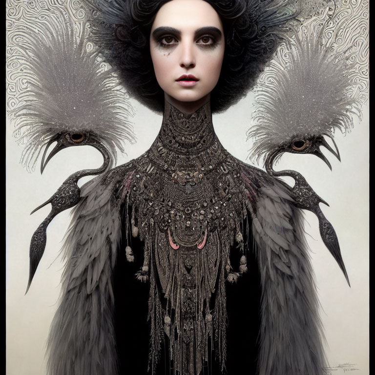 Woman with Dramatic Eye Makeup and Feathered Headdress in Ornate Jewelry