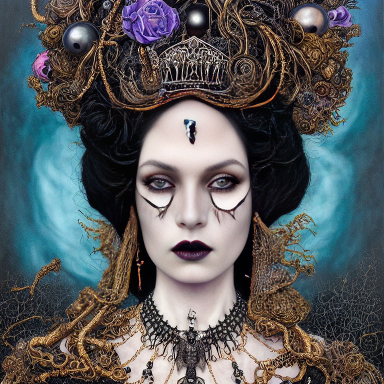Woman with Dark Makeup, Crown, and Ornate Necklace in Gothic Fantasy Style