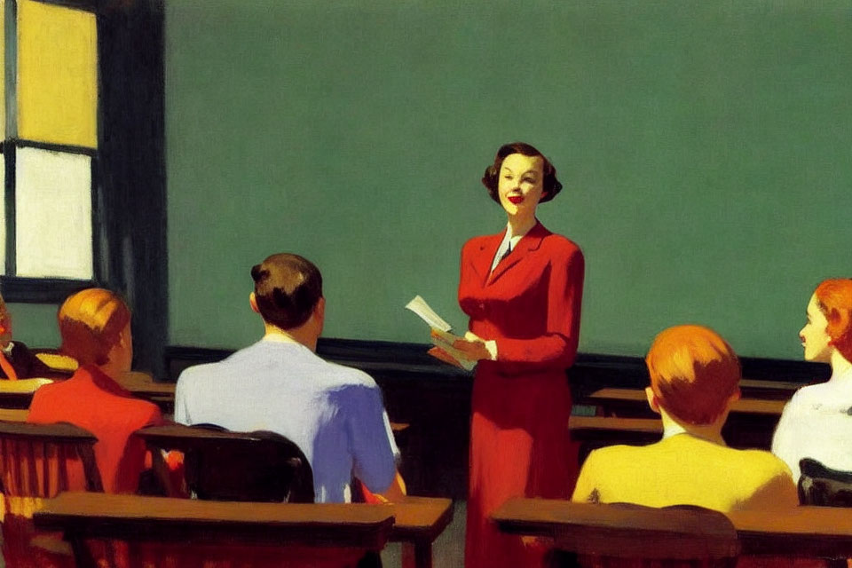 Smiling woman in red suit teaching in classroom with students and green chalkboard
