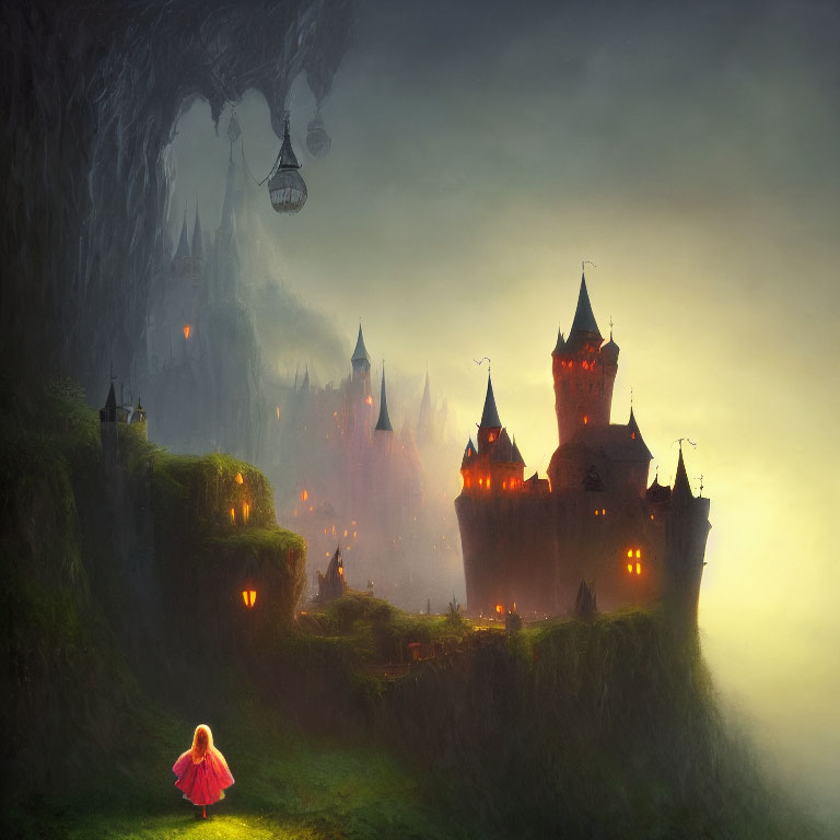 Mystical castle on cliff with lone figure in pink cape, hot air balloons, soft foggy