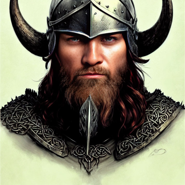 Bearded Viking warrior with horned helmet and ornate armor