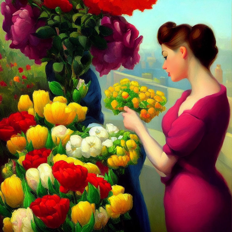 Woman in Magenta Dress Admiring Bouquet of Yellow Flowers