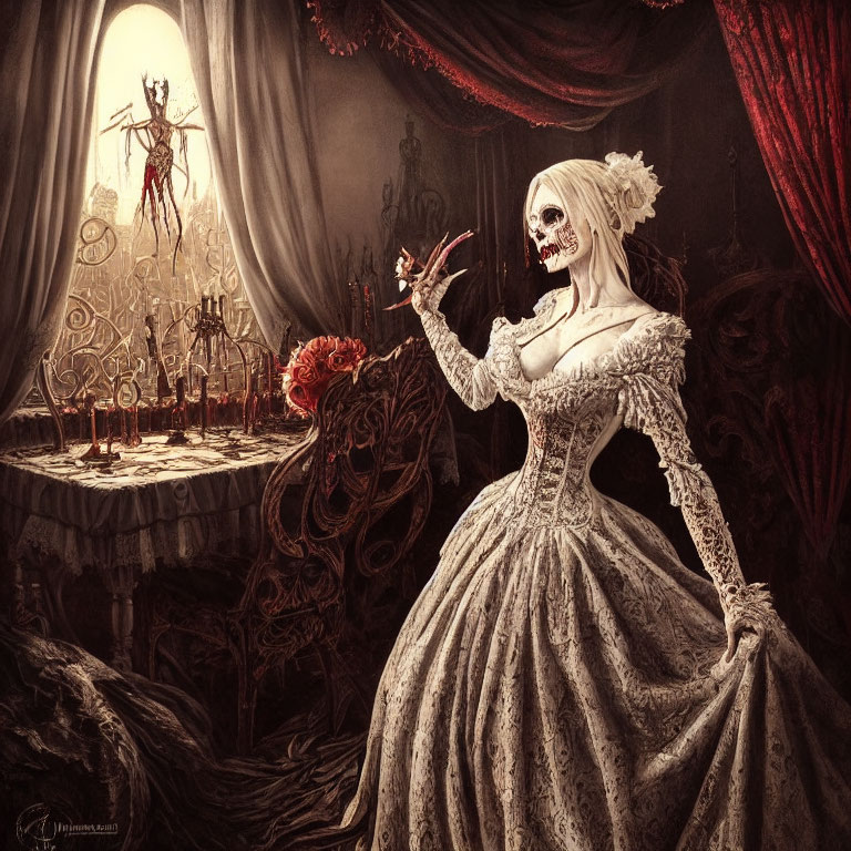 Gothic scene with skeletal figure in elaborate dress and candles