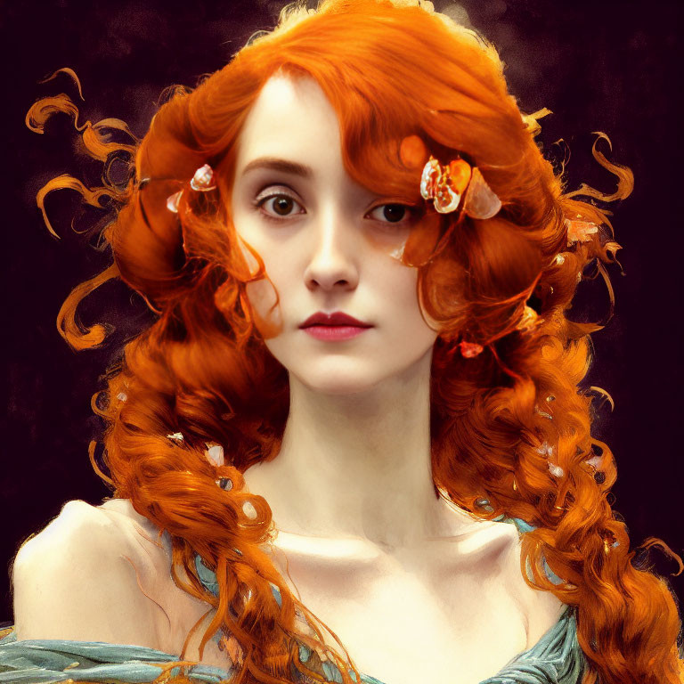 Vibrant curly red hair woman with flowers, pale skin, and striking features
