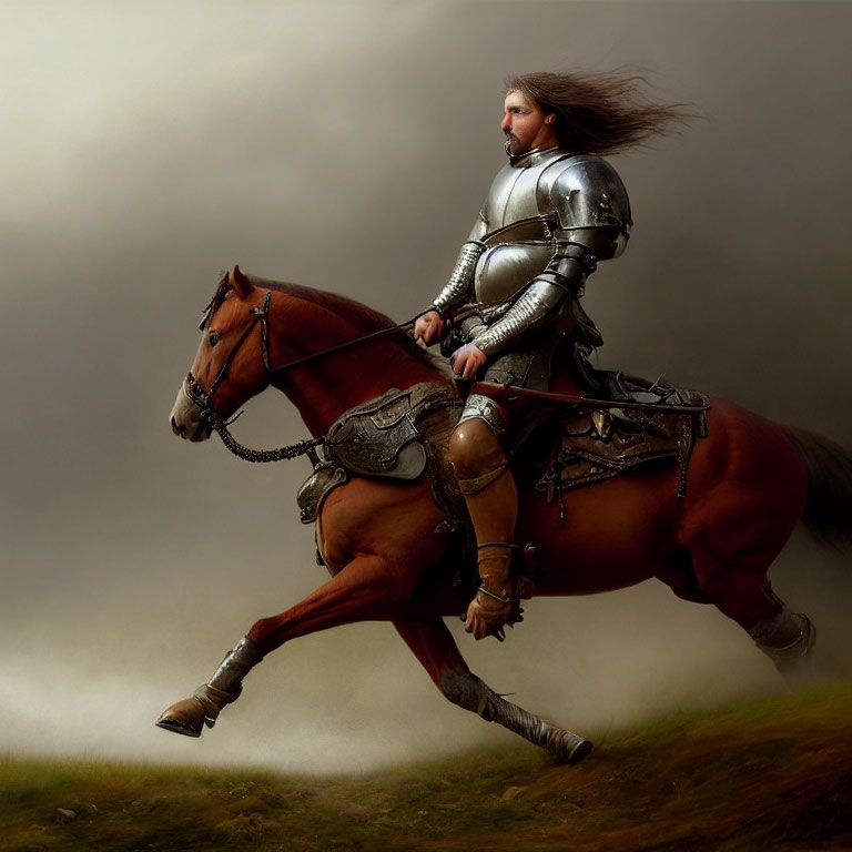 Knight in Full Armor Riding Galloping Horse in Misty Landscape