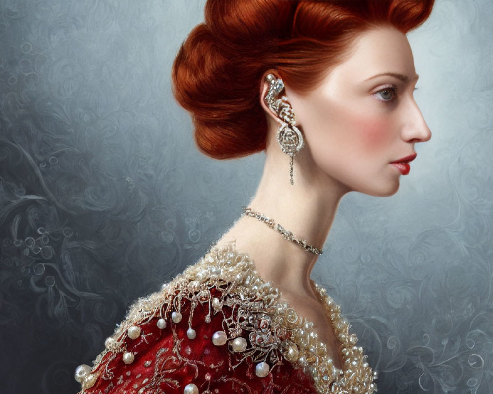 Intricate Red Hair Updo and Adorned Vintage Red Dress