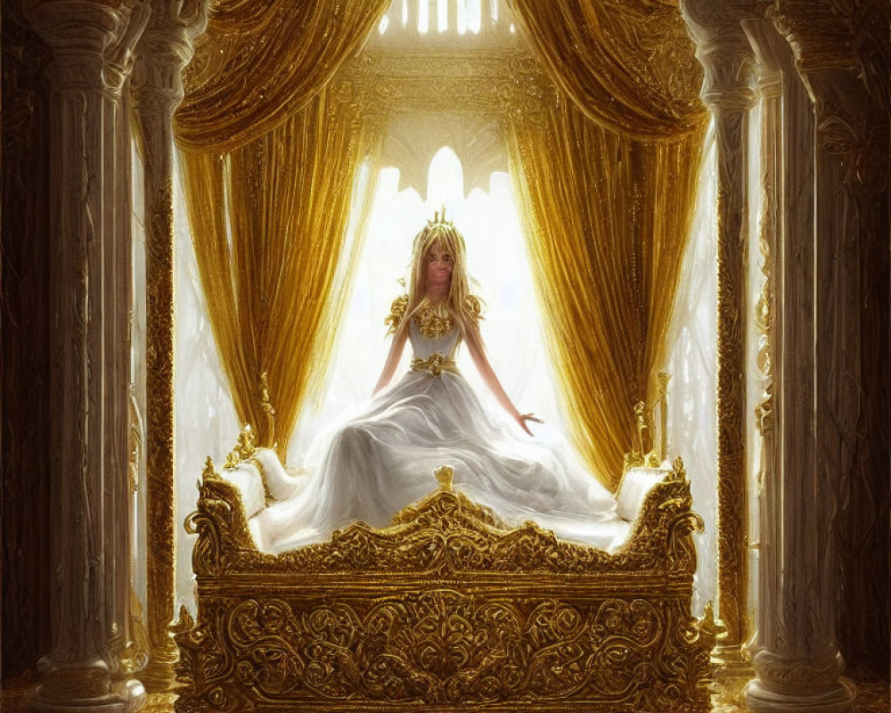 Regal figure on golden throne in luxurious setting