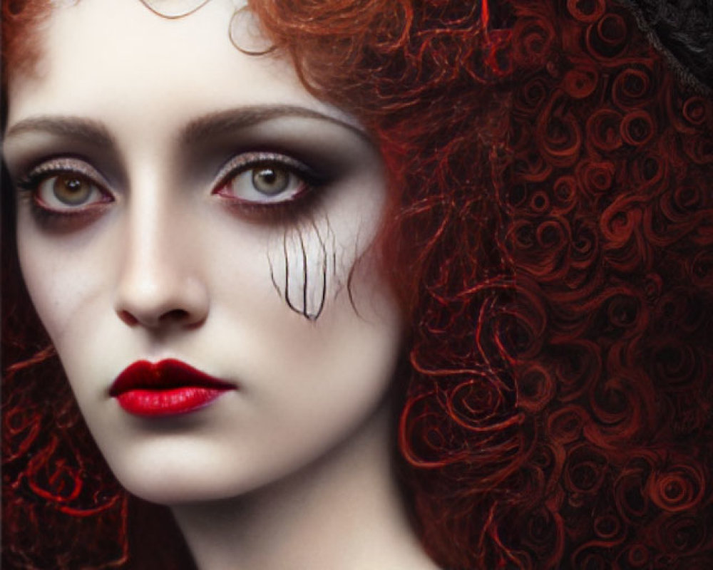 Portrait of woman with curly red hair, pale skin, red lips, and teardrop detail.
