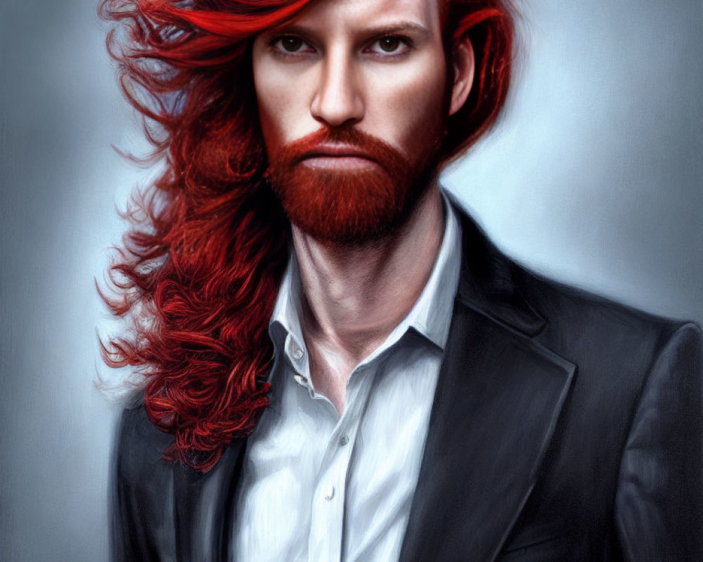 Serious man with red hair and beard in black blazer portrait