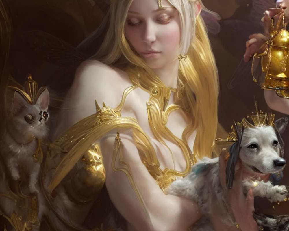 Blonde woman in golden armor holding rabbit surrounded by fanciful creatures