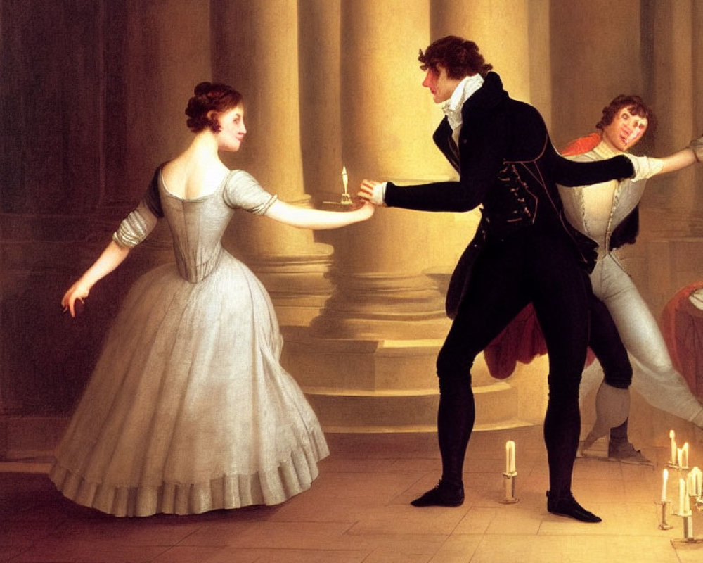 Classical painting of woman in voluminous dress dancing with masked man in elegant interior