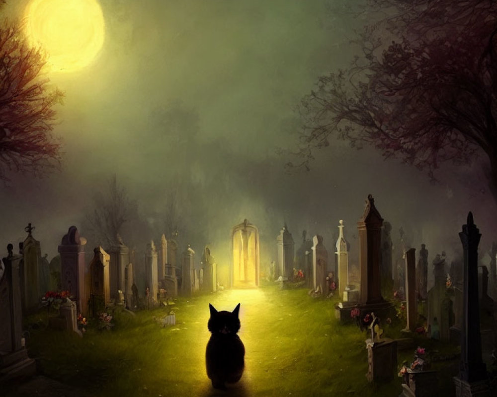Cat sitting by glowing archway in moonlit graveyard with tombstones and tree