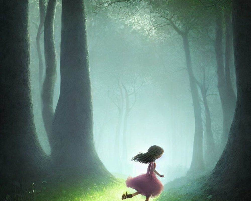 Young girl in pink dress running through misty sunlit forest with tall trees
