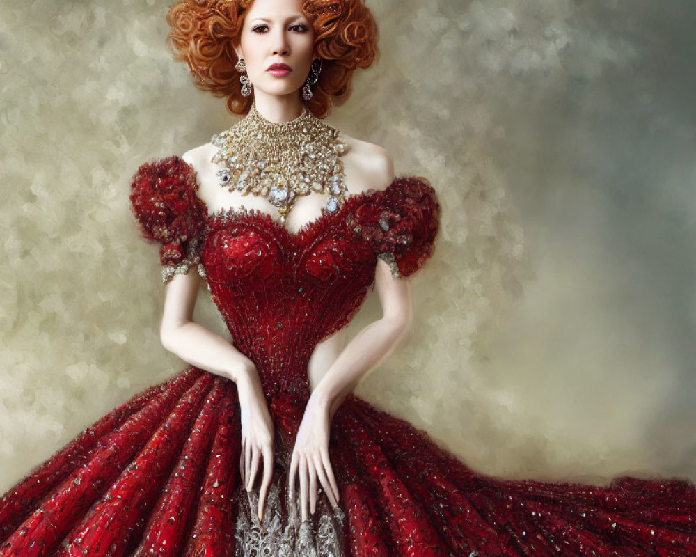 Striking Red-Haired Woman in Ornate Red Gown & Gold Necklace