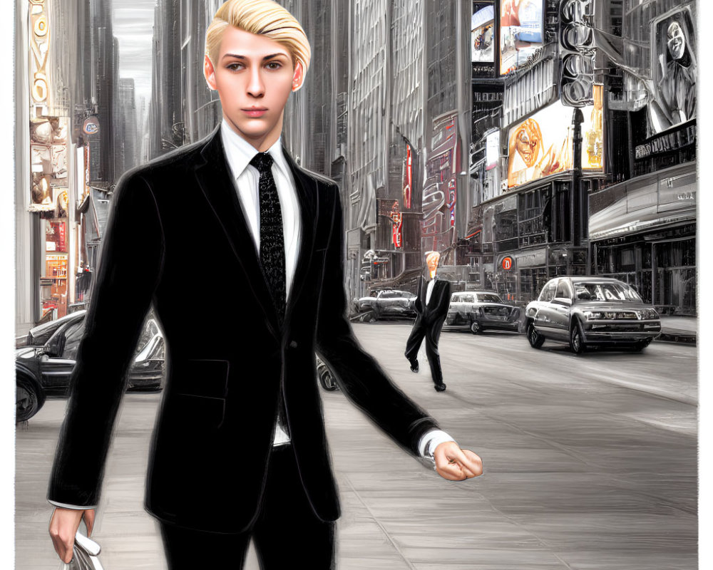 Blond man in black suit on urban street with cars and ads