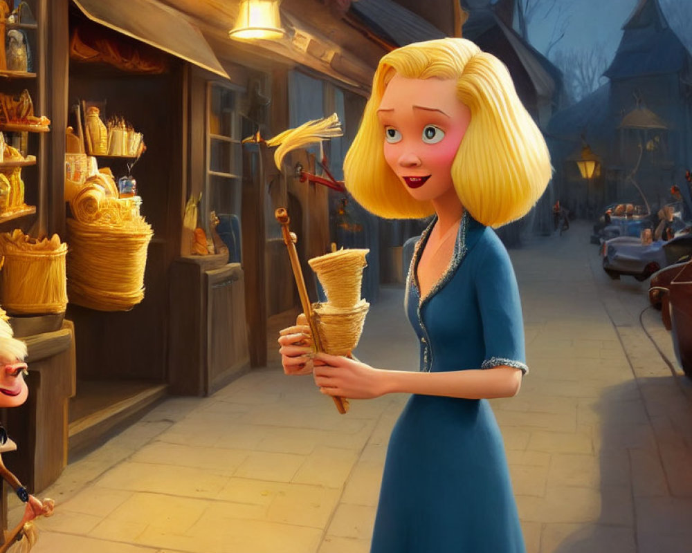 Blond-Haired Woman with Broom in Twilight Village Street