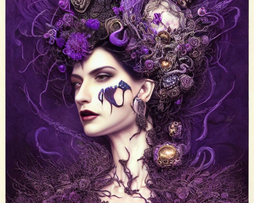 Surreal portrait of woman with intricate purple and black headwear