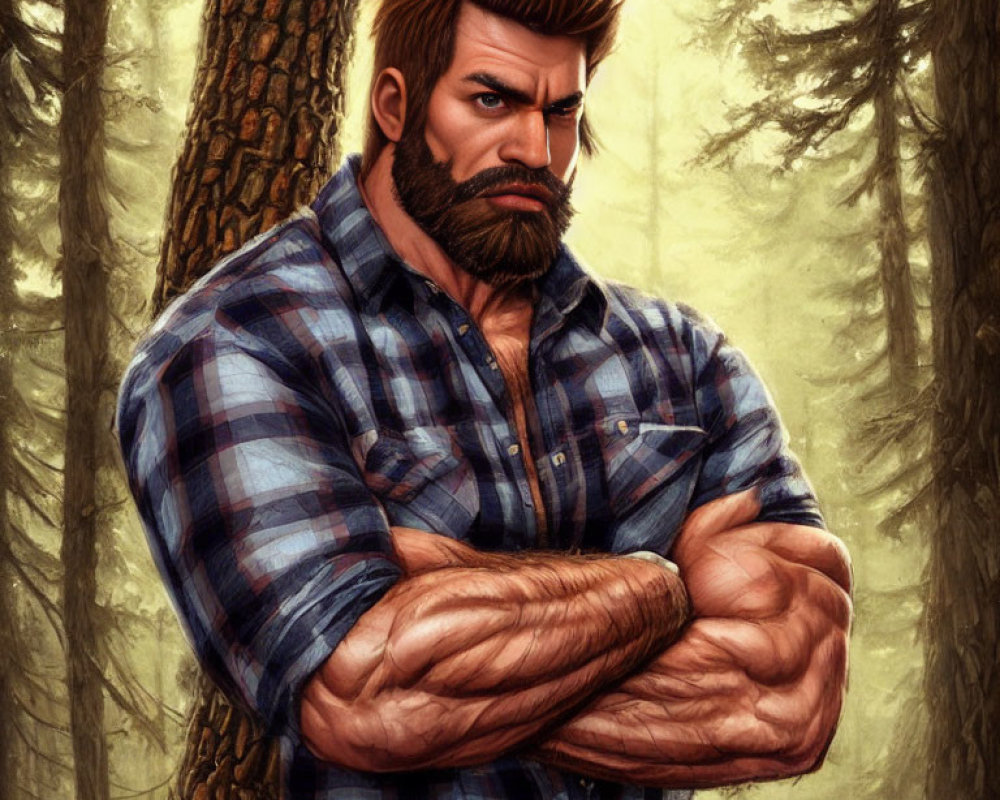 Muscular man with beard in plaid shirt standing in forest crossed arms.