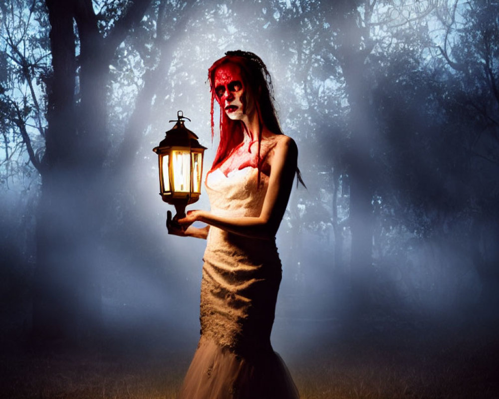 Person in eerie skull makeup and bridal gown with lantern in misty woods