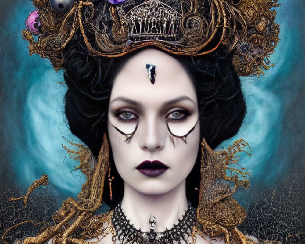 Woman with Dark Makeup, Crown, and Ornate Necklace in Gothic Fantasy Style