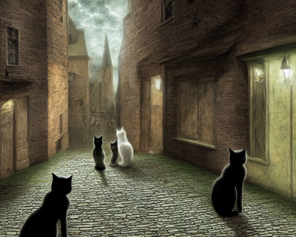 Three cats in eerie cobblestone alley with old buildings under greenish light.