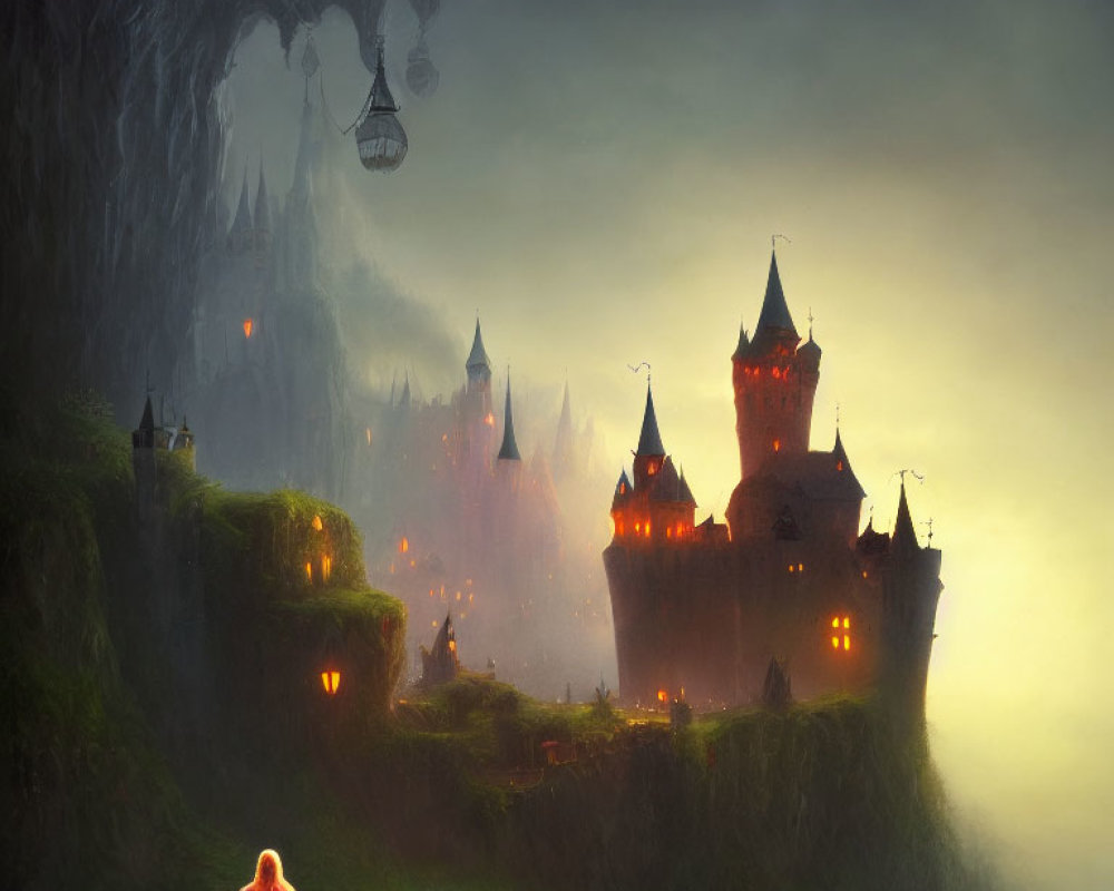 Mystical castle on cliff with lone figure in pink cape, hot air balloons, soft foggy