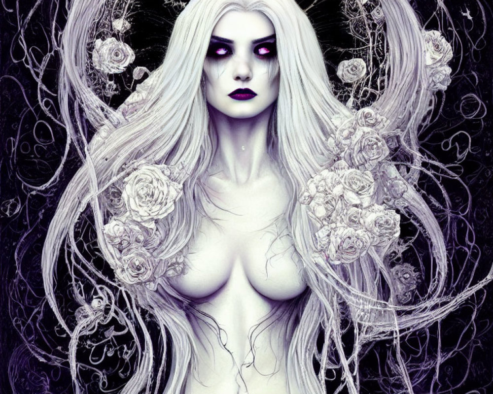 Illustration of mystical woman with pale skin, white hair, dark lipstick, and swirling patterns.