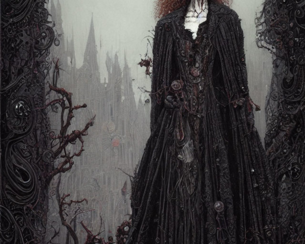 Gothic Figure in Skull Mask with Dark Costume and Spooky Castle Backdrop