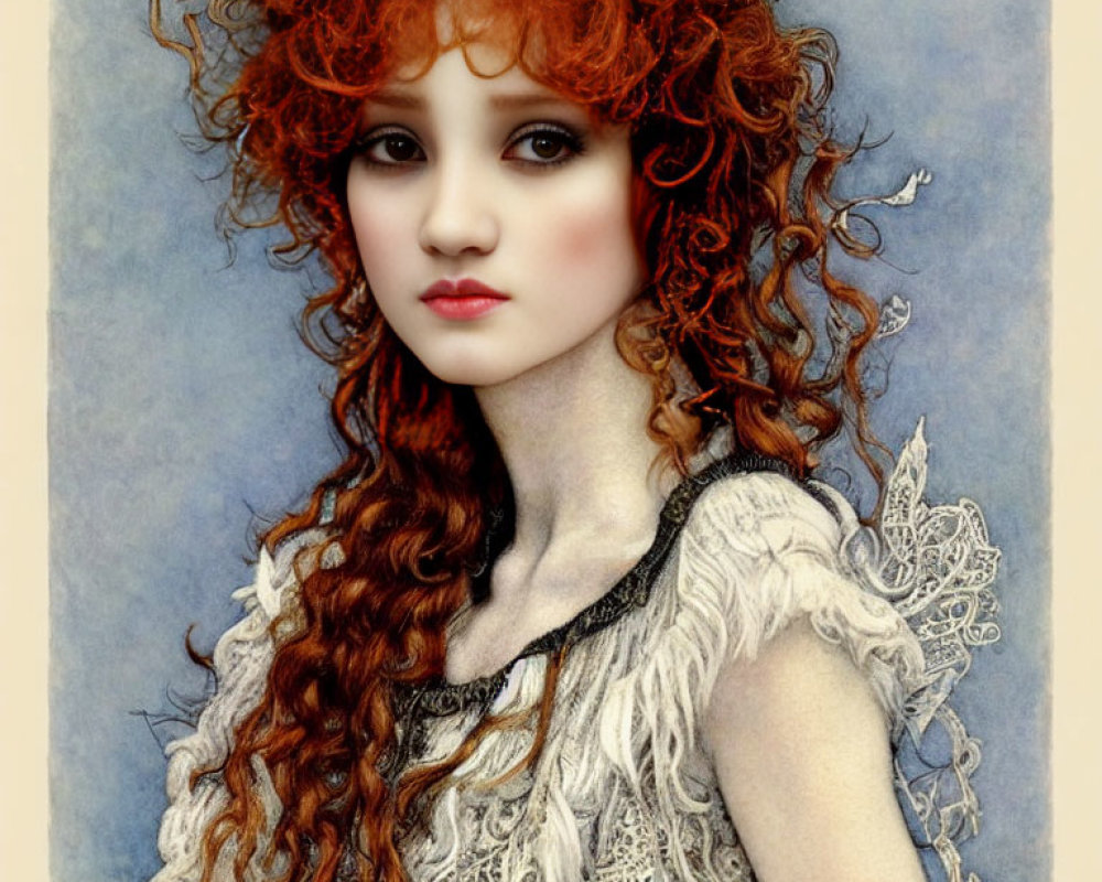 Illustration: Young woman with curly red hair in lace dress with butterfly motifs