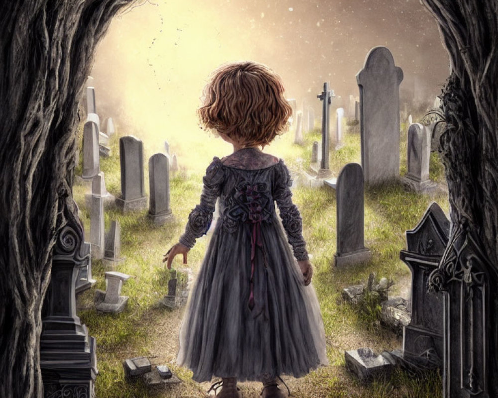 Young girl in vintage dress at graveyard entrance with sunlit tombstones