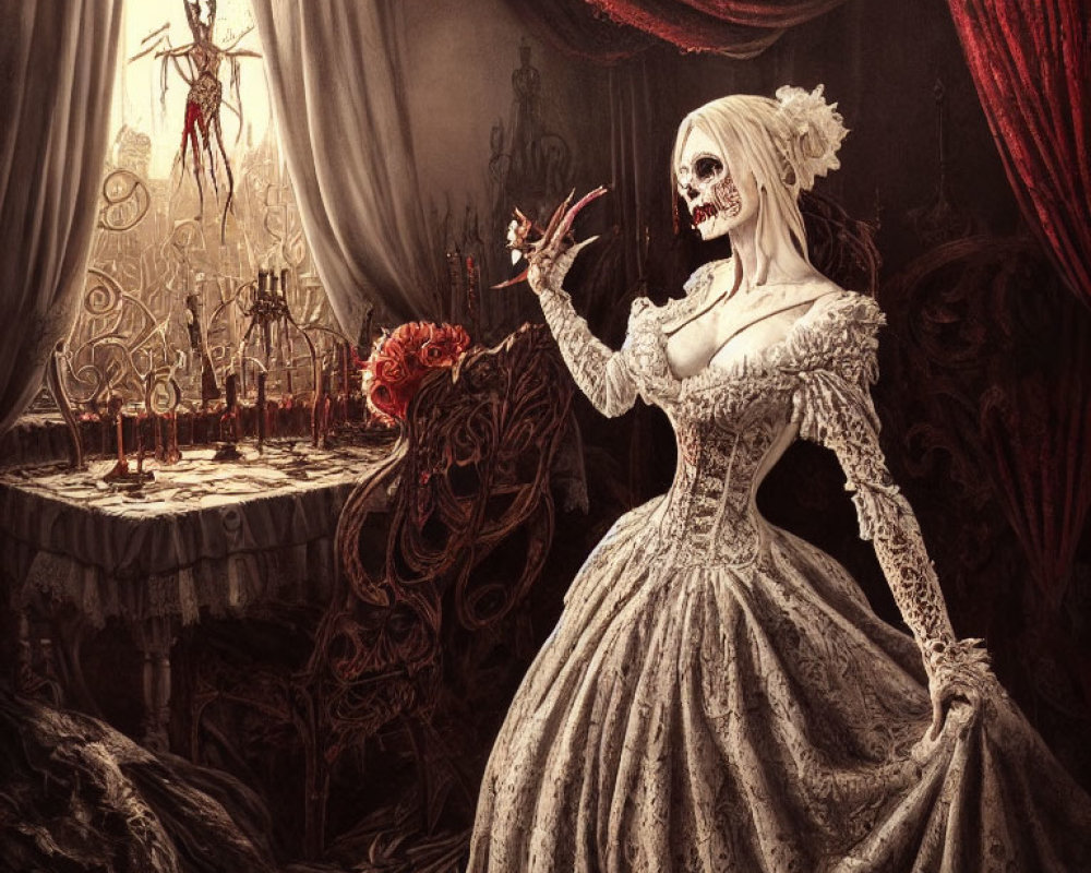 Gothic scene with skeletal figure in elaborate dress and candles