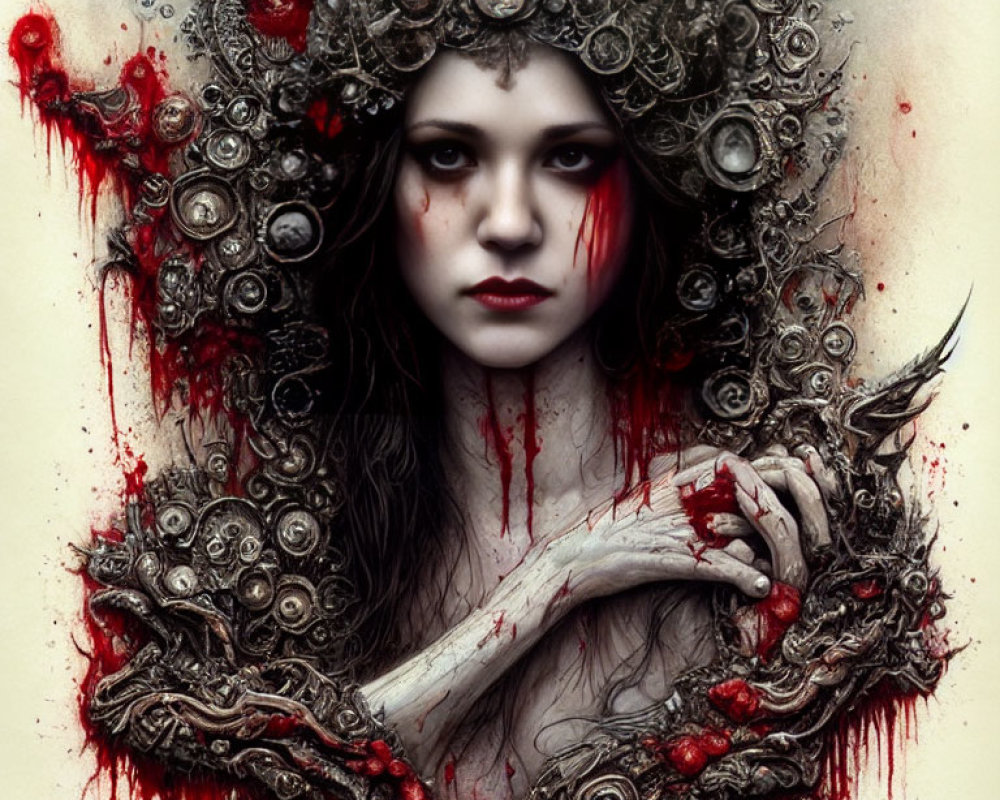 Dark Fantasy Art: Woman with Metallic Crown and Piercing Gaze
