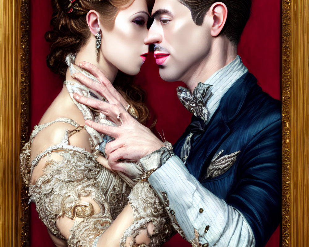 Stylized portrait of couple in vintage attire, tongues touching, against red backdrop.