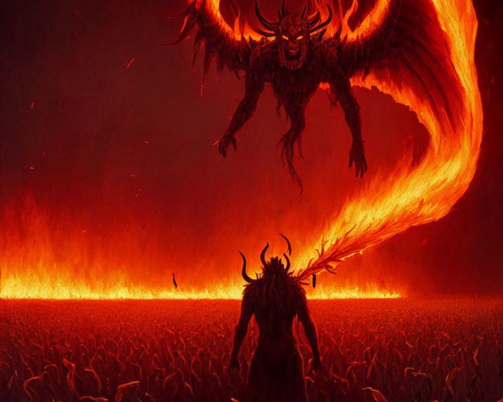 Winged demon and horned figure in fiery landscape