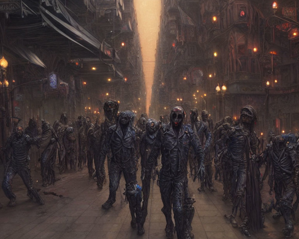 Dystopian cityscape with zombies and decaying buildings