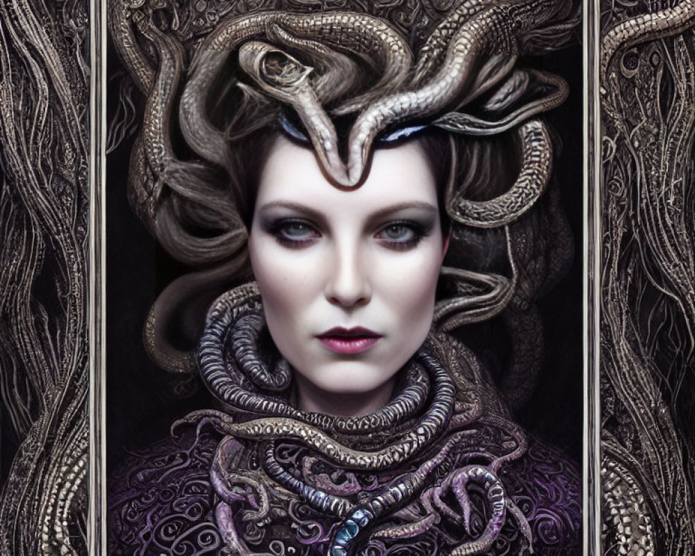 Medusa-inspired woman with snakes in hair on ornate dark background