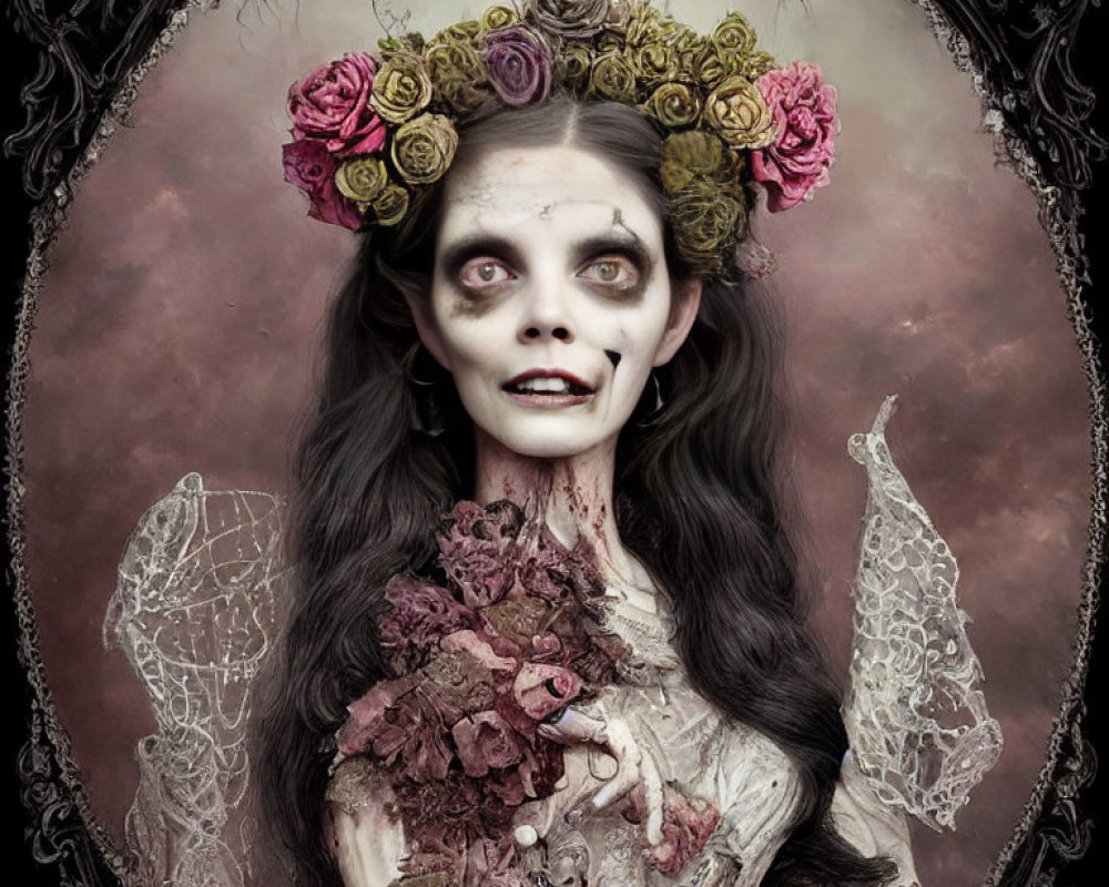 Portrait of person with skull-like makeup in lace outfit and floral wreath exudes gothic mystique