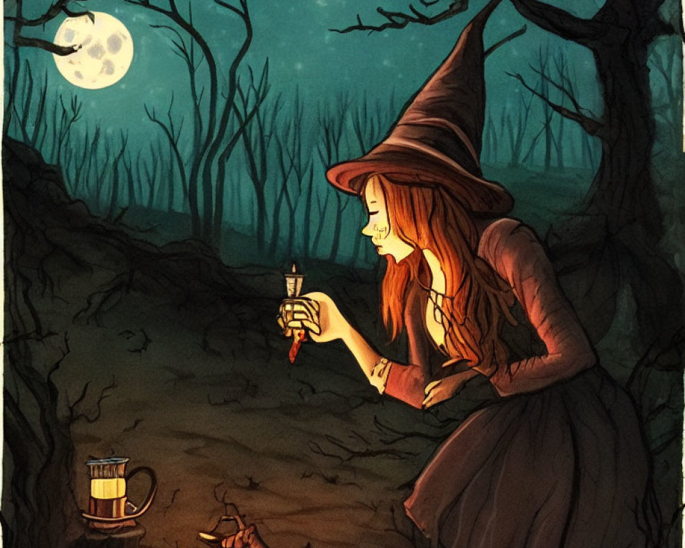 Witch with candle in forest at night near glowing mushrooms and tea set under full moon