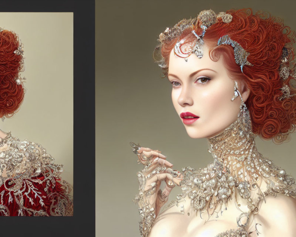 Detailed Red Curly Hair Woman in Metallic Dress & Jewelry