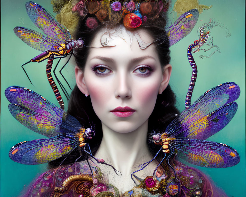 Surreal portrait of woman with dragonfly wings and floral headpiece