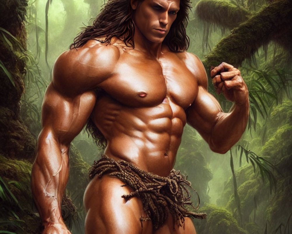 Muscular Man in Loincloth Flexing in Jungle
