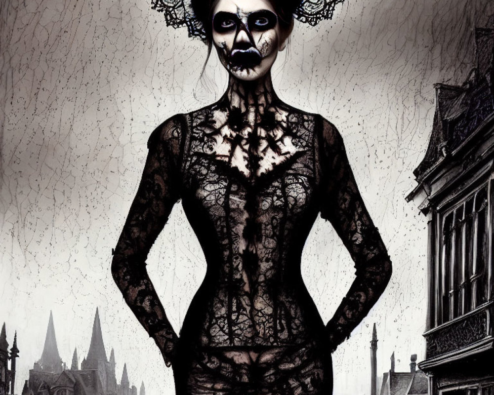 Gothic-themed woman with skeletal makeup and lace attire in Day of the Dead setting