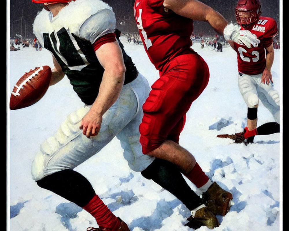 Football players in white and red jerseys playing in the snow
