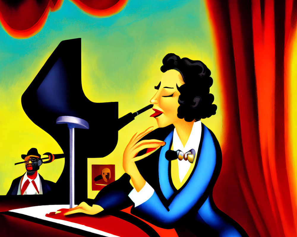 Illustration of woman in blue suit playing piano and singing, man on double bass