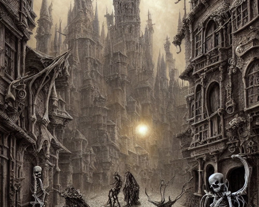 Gothic fantasy cityscape with skeletons and eerie creatures at dusk